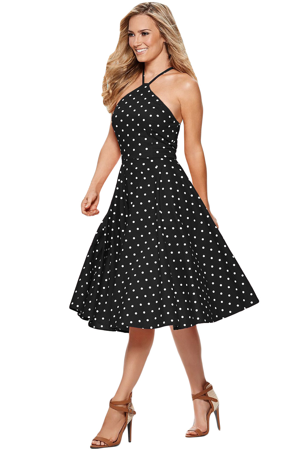 BY610141-2 Black White Polka Dot Flared Vintage Dress